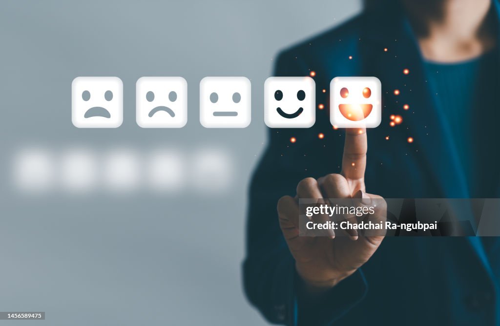Customer service Satisfaction concept Business woman suit touching virtual screen five star satisfaction service rating very impressed