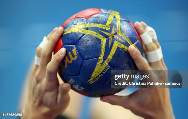 Ball with hands prior to the IHF Men´s World Championship 2023 match between Germany and Serbia at Spodek Arena on January 15, 2023 in Katowice,...
