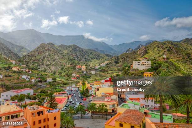 view of vallehermoso a village on canary islands la gomera in the province of santa cruz de tenerife - spain - gomera canary islands stock pictures, royalty-free photos & images