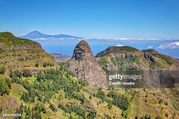 vista del roque de agando y valle de benchijigua - parque nacional de garajonay en la gomera islas canarias - españa - ígnea fotografías e imágenes de stock