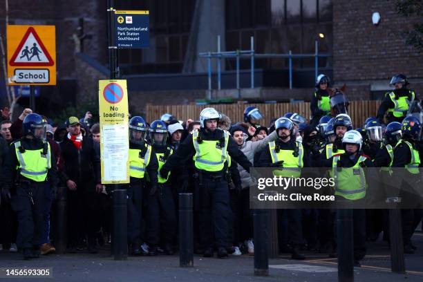 Member of the police are seem outside the stadium prior to the Premier League match between Tottenham Hotspur and Arsenal FC at Tottenham Hotspur...