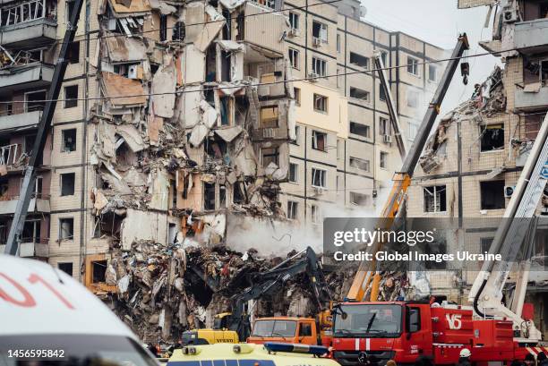 Residential building destroyed after a Russian missile attack on January 15, 2023 in Dnipro, Ukraine. Part of the building was completely destroyed...