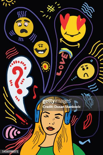 woman pop art portrait with emoticons - contented emotion stock illustrations