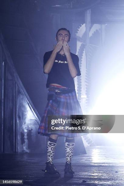 Fashion designer Charles Jeffrey acknowledges the applause of the audience at the Charles Jeffrey Loverboy fashion show during the Milan Menswear...