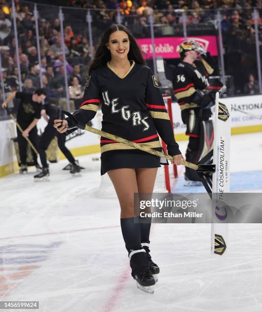 Member of the Knights Guard cleans the ice during the Vegas Golden Knights' game against the Edmonton Oilers at T-Mobile Arena on January 14, 2023 in...