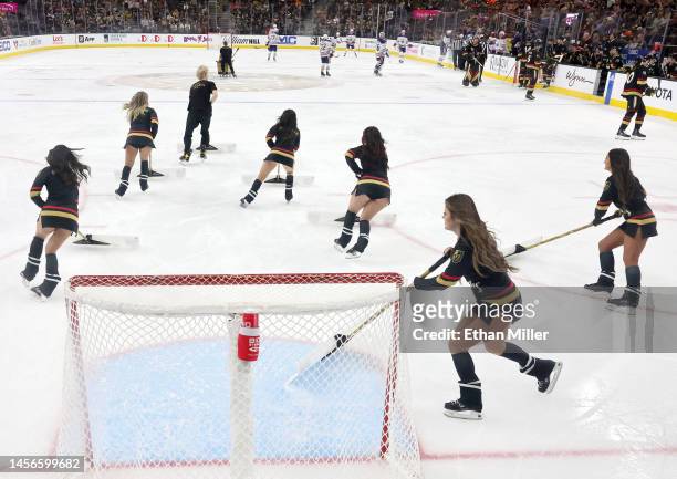 Members of the Knights Guard clean the ice during the Vegas Golden Knights' game against the Edmonton Oilers at T-Mobile Arena on January 14, 2023 in...