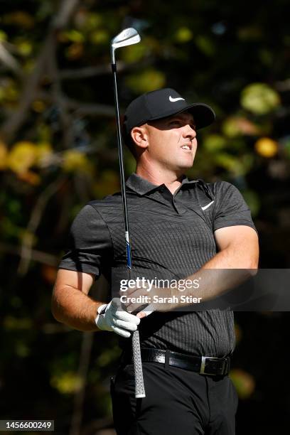 Will Bateman of Canada plays his shot on the 2nd tee during the first round of The Bahamas Great Exuma Classic at Sandals Emerald Bay Golf Club on...