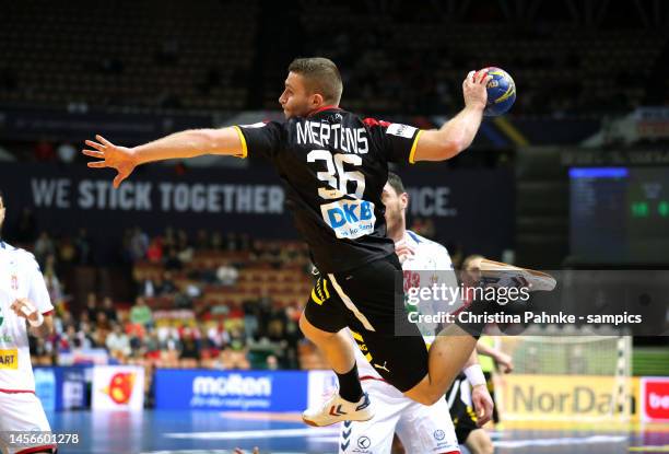 Lukas Mertens of Germany in action during the IHF Men´s World Championship 2023 match between Germany and Serbia at Spodek Arena on January 15, 2023...
