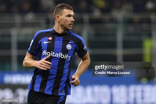 Edin Dzeko of FC Internazionale looks o during the Serie A match between FC Internazionale and Hellas Verona at Stadio Giuseppe Meazza on January 14,...