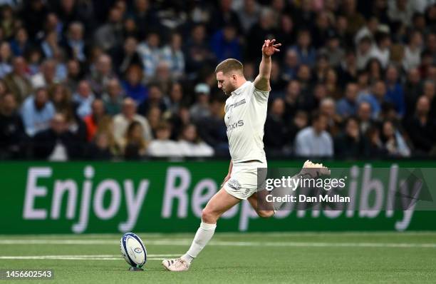 Finn Russell of Racing 92 kicks a penalty during the Heineken Champions Cup Pool A match between Racing 92 and Harlequins at Paris La Defense Arena...