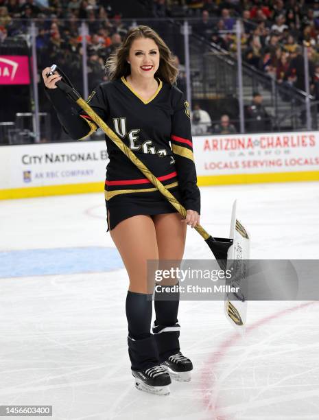 Member of the Knights Guard cleans the ice during the Vegas Golden Knights' game against the Edmonton Oilers at T-Mobile Arena on January 14, 2023 in...