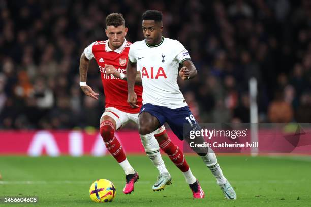 Ryan Sessegnon of Tottenham Hotspur battles for possession with Ben White of Arsenal during the Premier League match between Tottenham Hotspur and...