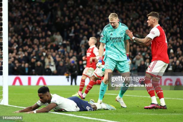 Aaron Ramsdale of Arsenal reacts to Ryan Sessegnon of Tottenham Hotspur after a missed chance during the Premier League match between Tottenham...