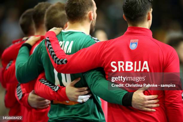 Team Serbia during the national anthem during the IHF Men´s World Championship 2023 match between Germany and Serbia at Spodek Arena on January 15,...