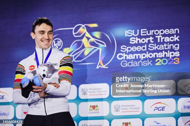 Stijn Desmet of Belgium reacts in the Men's 1000m medal ceremony during the ISU European Short Track Speed Skating Championships at Hala Olivia on...