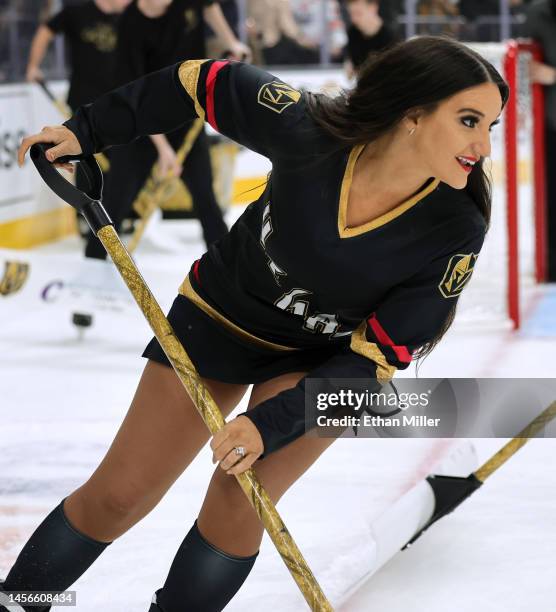 Member of the Knights Guard cleans the ice during the Vegas Golden Knights' game against the Edmonton Oilers at T-Mobile Arena on January 14, 2023 in...