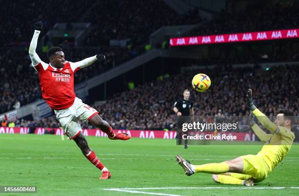 Hugo Lloris of Tottenham Hotspur makes a save from Eddie Nketiah of Arsenal during the Premier League match between Tottenham Hotspur and Arsenal FC...