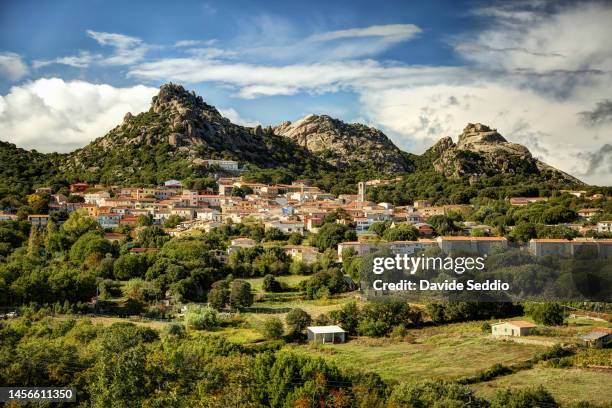 panoramic view of the village of aggius and hills in the background - sardinia stockfoto's en -beelden