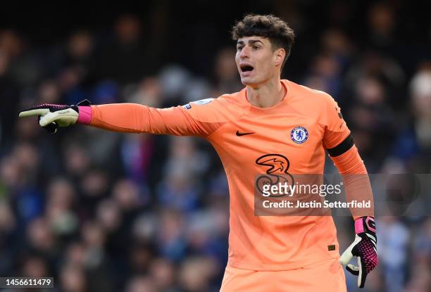 Kepa Arrizabalaga of Chelsea reacts during the Premier League match between Chelsea FC and Crystal Palace at Stamford Bridge on January 15, 2023 in...