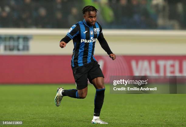 Ademola Lookman of Atalanta BC celebrates after scoring the team's sixth goal during the Serie A match between Atalanta BC and Salernitana at Gewiss...