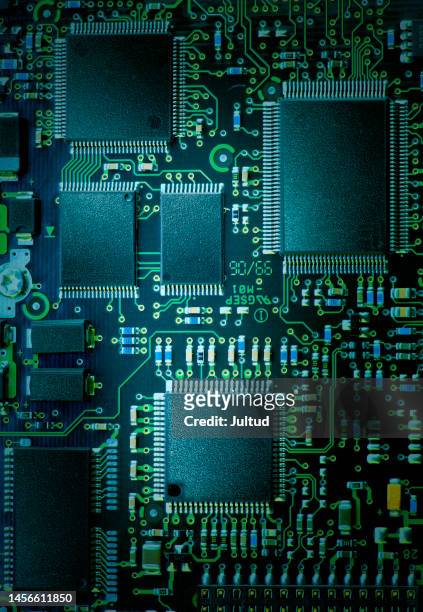 top shot of an electronic board with several chips soldered together - 半導体 ストックフォトと画像