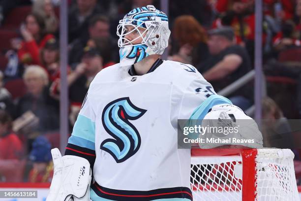 Martin Jones of the Seattle Kraken looks on against the Chicago Blackhawks during the second period at United Center on January 14, 2023 in Chicago,...