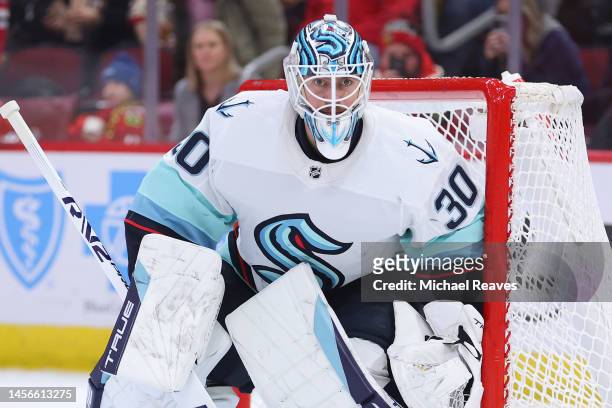 Martin Jones of the Seattle Kraken tends the net against the Chicago Blackhawks during the second period at United Center on January 14, 2023 in...