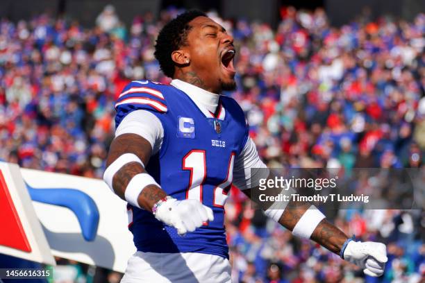 Stefon Diggs of the Buffalo Bills takes the field prior to a game against the Miami Dolphins in the AFC Wild Card playoff game at Highmark Stadium on...