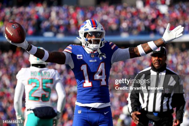 Stefon Diggs of the Buffalo Bills reacts after a reception against the Miami Dolphins during the first quarter of the game in the AFC Wild Card...