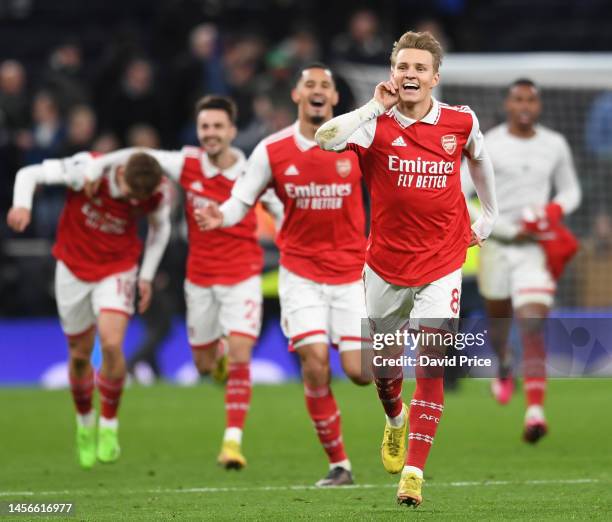 Martin Odegaard of Arsenal celebrates after the Premier League match between Tottenham Hotspur and Arsenal FC at Tottenham Hotspur Stadium on January...
