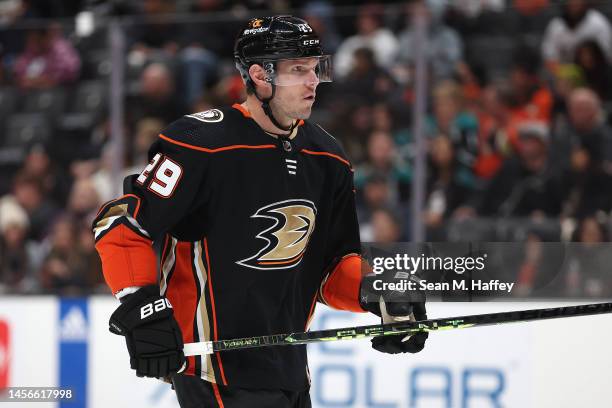 Dmitry Kulikov of the Anaheim Ducks looks on during the third period of a game against the New Jersey Devils at Honda Center on January 13, 2023 in...