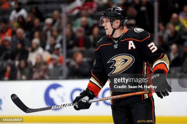 Jakob Silfverberg of the Anaheim Ducks looks on during the third period of a game against the New Jersey Devils at Honda Center on January 13, 2023...