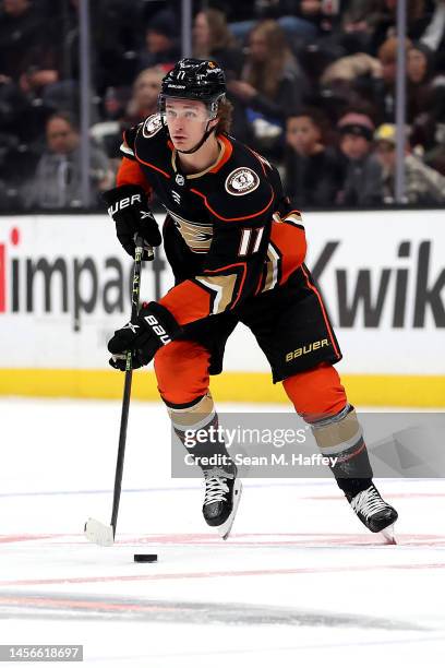 Trevor Zegras of the Anaheim Ducks skates with the puck during the second period of a game against the New Jersey Devils at Honda Center on January...