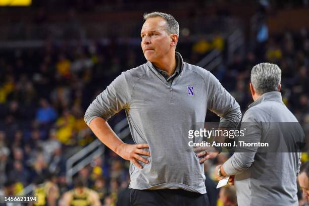 Head Basketball Coach Chris Collins of the Northwestern Wildcats watches a play during the second half of a college basketball game against the...