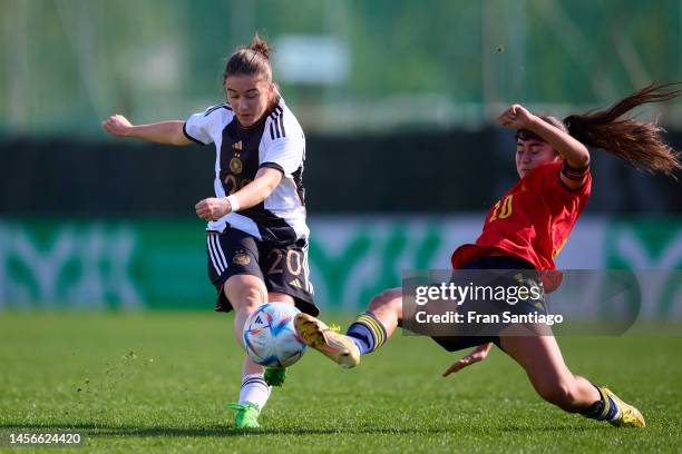 Marina Scholz of Germany shoots during an International Friendly match between Spain U17 and Germany U17 at Marbella Football Center on January 12,...