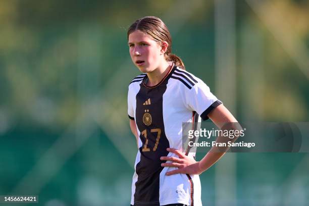 Maj Schneider of Germany looks on during an International Friendly match between Spain U17 and Germany U17 at Marbella Football Center on January 12,...