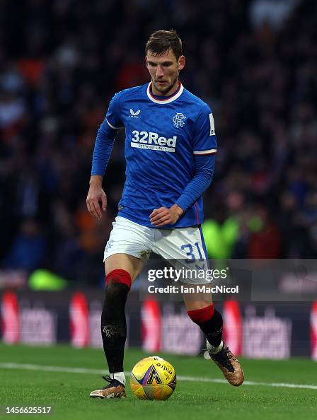 Barisic Rangers Borna Barisic of Rangers controls the ball the Viaplay Cup Semi-final ...