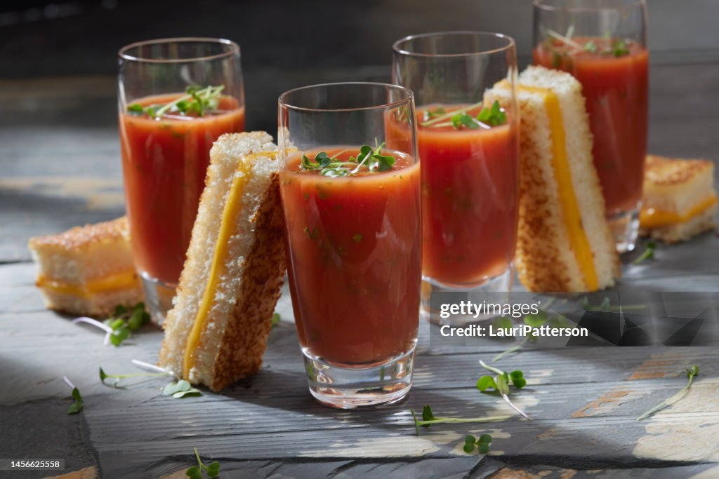 Tomato Soup Shots with Grilled Cheese Sticks
