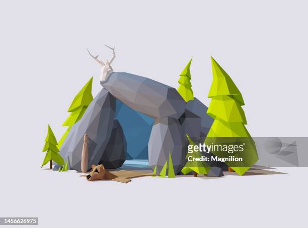 höhle eines alten mannes mit einem hirschschädel und einem bärenfell, natur low poly landschaftsszene - polygone tier stock-grafiken, -clipart, -cartoons und -symbole