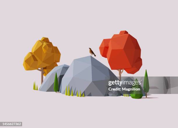 nature low poly landscape scene with trees and a bird on the stone - polygon tree stock illustrations