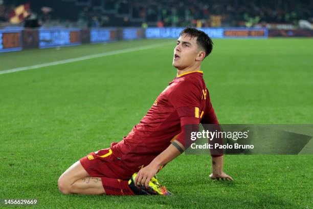 Paulo Dybala of AS Roma celebrates after scoring the team's first goal during the Serie A match between AS Roma and ACF Fiorentina at Stadio Olimpico...