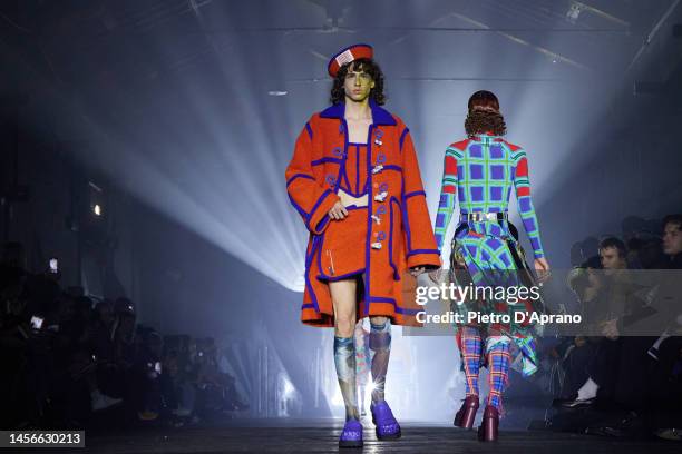 Model walks the runway at the Charles Jeffrey Loverboy fashion show during the Milan Menswear Fall/Winter 2023/2024 on January 15, 2023 in Milan,...