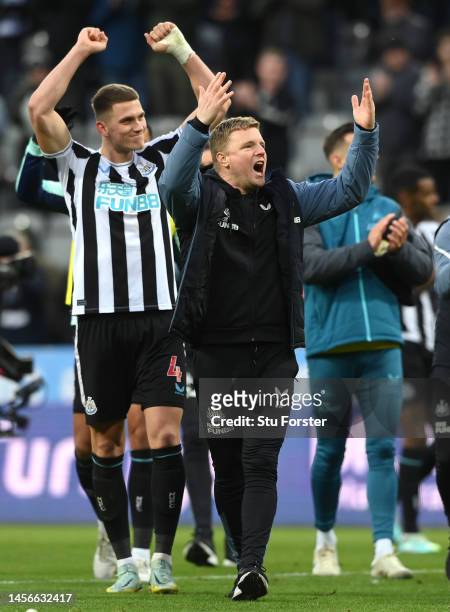 Newcastle United head coach Eddie Howe celebrates infront of fans at the Gallowgate end after the Premier League match between Newcastle United and...