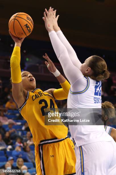 Evelien Lutje Schipholt of the California Golden Bears shoots as Lina Sontag of the UCLA Bruins defends during the first half of a game at UCLA...