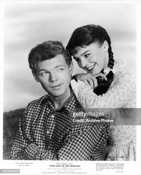 James MacArthur enjoys the affection of Janet Munro in publicity portrait for the film 'Third Man On The Mountain', 1959.