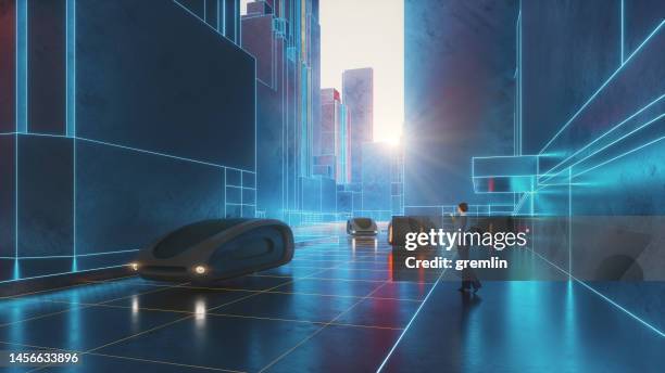 futuristic street with vehicles and woman using smart phone - visions stock pictures, royalty-free photos & images