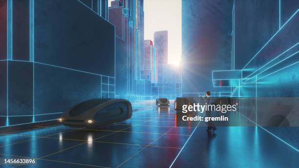 futuristic street with vehicles and woman using smart phone - vision bildbanksfoton och bilder