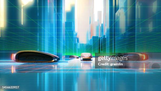 futuristische straße mit autonomen fahrzeugen, die über der straße schweben - fahrerloses auto stock-fotos und bilder