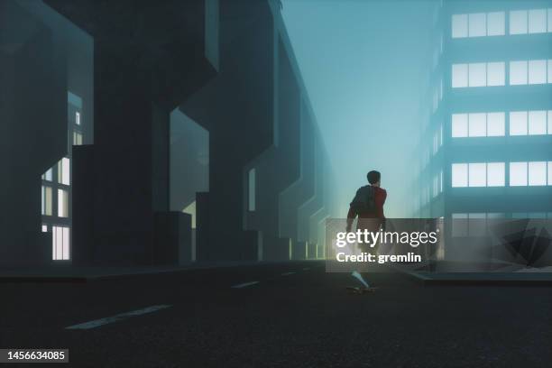 mann skateboarding in dunkler futuristischer stadt bei nacht - sports center stock-fotos und bilder
