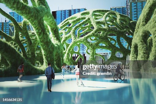 People in futuristic green city park People in futuristic green city park